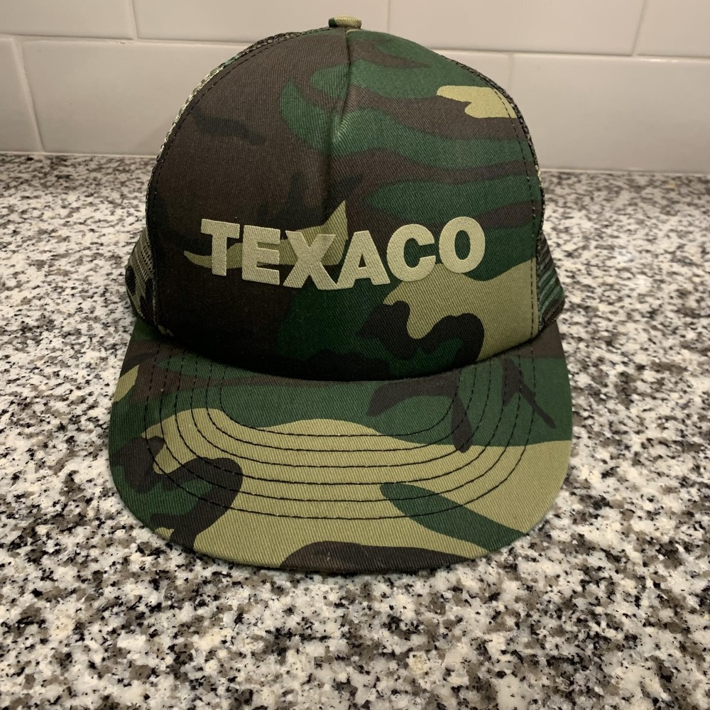 Vintage Texaco Hat Cap‎ Snap Back Camo Mesh Trucker Mens One Size Made USA 80s